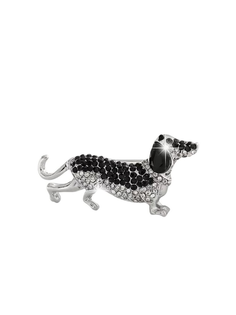 Sparkly Black & White Crystal Dachshund Brooch Silver Tone